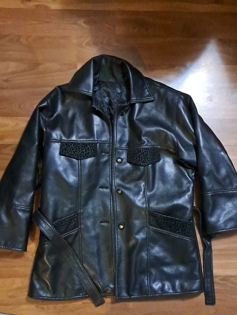 Classic Black Leather Button-Front Jacket with Belt. Lepard Spot Accents.